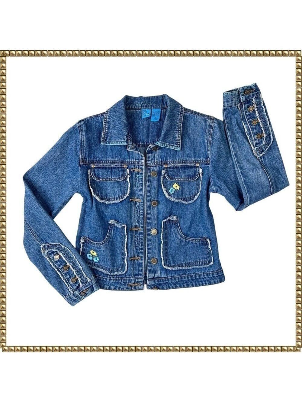 Denim Jacket Floral Embroidered Fringe Medium